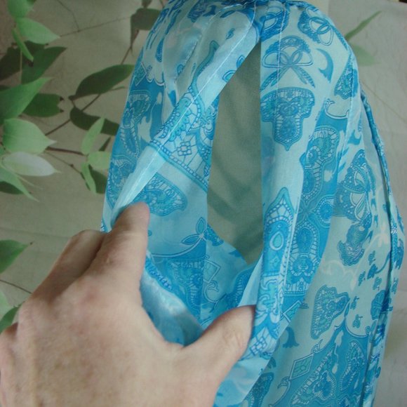 Sheer Blue Tones Open Long Sleeve Boho Mehndi Style Floral Side Slit Cover Up - Picture 3 of 16